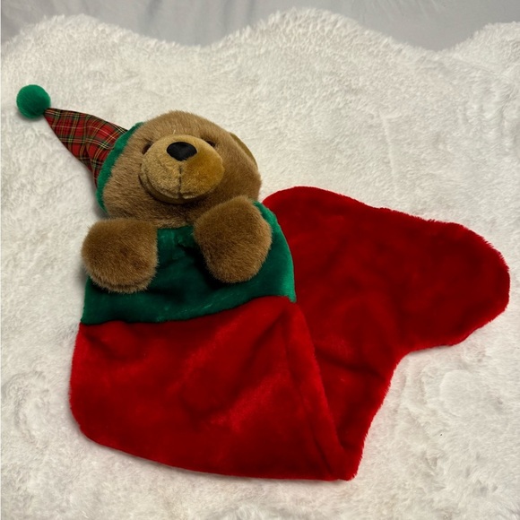 Vintage Christmas Stocking Teddy Bear Santa Hat 80’s 90s Cute Grannycore Classic - Picture 7 of 11